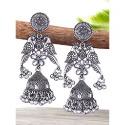 Sangria Silver-Plated Kundan-Studded Oxidised Drop Earrings-picture-28