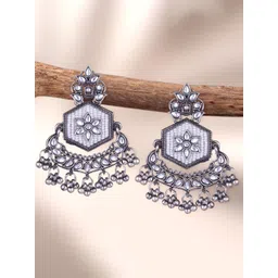 Sangria Silver-Plated Kundan-Studded Oxidised Drop Earrings-picture-32