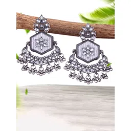 Sangria Silver-Plated Kundan-Studded Oxidised Drop Earrings-picture-33