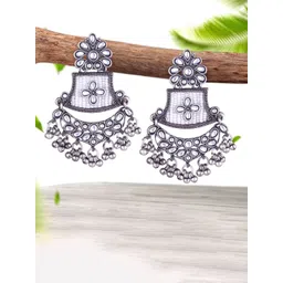 Sangria Silver-Plated Kundan-Studded Oxidised Drop Earrings-picture-27