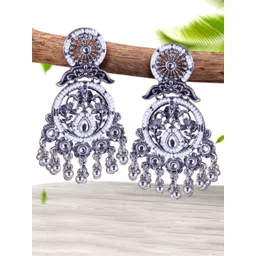 Sangria Silver-Plated Kundan-Studded Oxidised Drop Earrings-picture-29