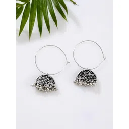 Sangria Silver Plated Oxidised Ghumgroo Hoop Earrings-picture-16