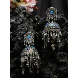 Sangria Silver-Plated Oxidised Stone Studded Jhumkas-picture-39