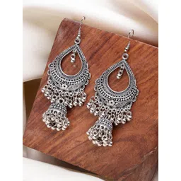 Sangria Silver-Plated Oxidized Beaded Jhumka Earrings-picture-23