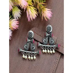Sangria Silver Plated Peacock Shaped Oxidised Drop Earrings-picture-30