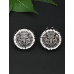 Sangria Silver-Plated Pearls Beaded Animal Shaped Lion Design Oxidised Studs-picture-12
