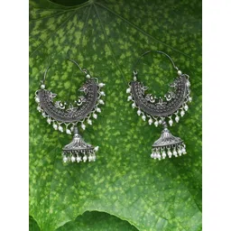 Sangria Silver-Plated Pearls Beaded Contemporary Oxidised Hoop Earrings-picture-35