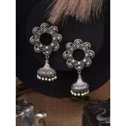 Sangria Silver-Plated Pearls Beaded Dome Shaped Oxidised Jhumkas-picture-16
