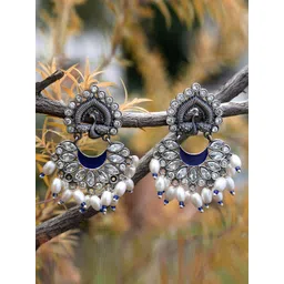 Sangria Silver-Plated Stone Studded & Beaded Oxidised Peacock Shaped Drop Earrings-picture-40