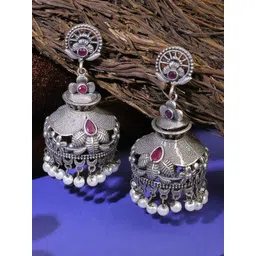 Sangria Silver-Plated Stones Studded And Pearls Beaded Dome Shaped Oxidised Jumkhas-picture-27