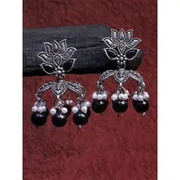 Sangria Silver-Plated Stones Studded & Pearls Beaded Floral Oxidised Jhumkas-picture-19