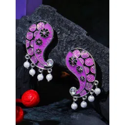Sangria Silver-Plated Stones Studded & Pearls Beaded Paisley Shaped Drop Earrings-picture-22