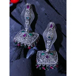 Sangria Silver-Plated Stones Studded Beaded Dome Shaped Oxidised Jhumkas-picture-20