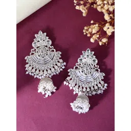 Sangria Stainless Steel Silver plated Kundan Studded And Beaded Contemporary Drop earrings-picture-18