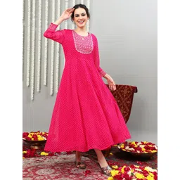 Sangria Striped Keyhole Neck Embroidered Fit & Flare Ethnic Dress-picture-39