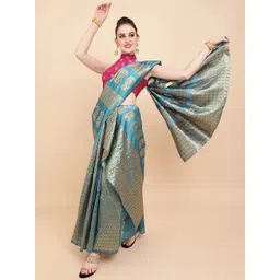 Sangria Teal Blue & Gold-Toned Ethnic Motifs Zari Silk Blend Assamese Mekhela Chador-picture-19