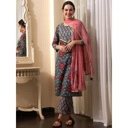 Sangria Teal Blue Floral Printed Gotta Patti Pure Cotton Kurta With Trousers & Dupatta-picture-12