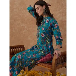 Sangria Teal Floral Printed Mandarin Collar Straight Kurta With Trouser-picture-25