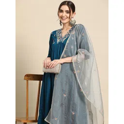 Sangria V Neck Floral Thread work Flared Kurta with Palazzos & Dupatta-picture-19