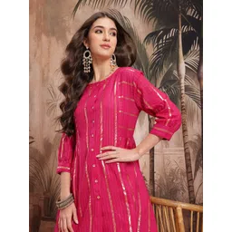 Sangria Vertically Woven Striped Cuffed Sleeves A-Line Kurta with Salwar-picture-29