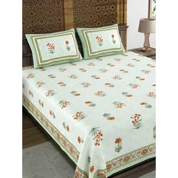 Sangria White & Green Floral 180 TC Pure Cotton Double King Bedsheet With 2 Pillow Covers-picture-10