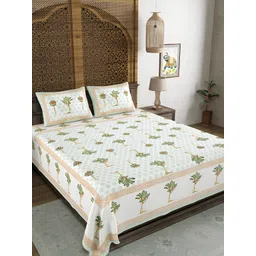 Sangria White & Green Floral 180 TC Pure Cotton Super King Bedsheet & 2 Pillow Covers image 2
