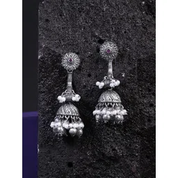 Sangria White Silver-Plated Artificial Pearls Beaded Dome Shaped Oxidised Jhumkas-picture-24