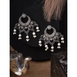 Sangria White Silver-Plated Artificial Pearls Beaded Floral Shaped Oxidised Drop Earrings-picture-23