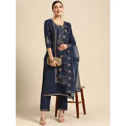 Sangria Women Blue Ethnic Motifs Embroidered Kurta with Trousers & With Dupatta-picture-16