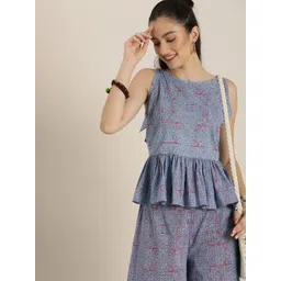 Sangria Women Blue Ethnic Motifs Printed Pleated Pure Cotton Top with Palazzos-picture-27