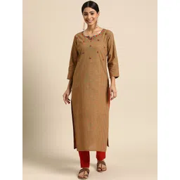 Sangria Women Brown & Sea Green Geometric Printed Kantha Work Kurta-picture-35