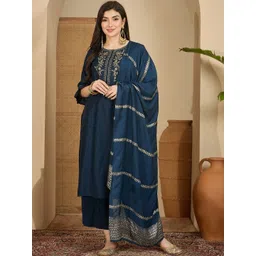 Sangria Women Ethnic Motifs Embroidered Regular Thread Work Kurta with Palazzos & With Dupatta-picture-19