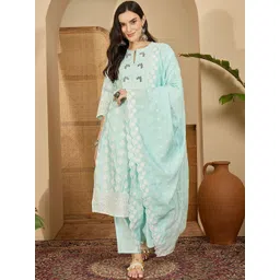 Sangria Women Ethnic Motifs Embroidered Regular Thread Work Pure Cotton Kurta with Trousers & With Dupatta-picture-17
