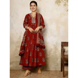 Sangria Women Ethnic Motifs Printed Pure Cotton Anarkali Kurta with Palazzo & Dupatta-picture-34