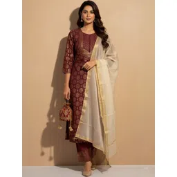 Sangria Women Ethnic Motifs Printed Regular Thread Work Kurta with Trousers & With Dupatta-picture-15