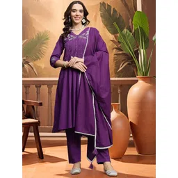 Sangria Women Floral Embroidered Cotton A-Line Kurta with Trousers & Dupatta-picture-21