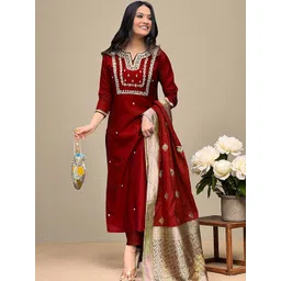 Sangria Women Floral Embroidered Cotton Kurta with Trousers & Dupatta-picture-36