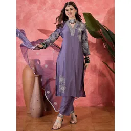 Sangria Women Floral Embroidered Regular Kurta & Trousers With Dupatta-picture-30