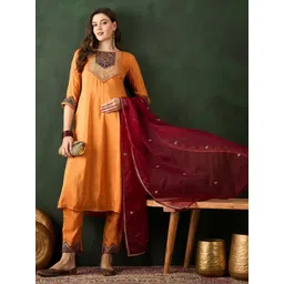 Sangria Women Floral Embroidered Regular Sequinned Kurta with Trousers & Dupatta-picture-26