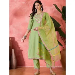 Sangria Women Floral Embroidered Regular Sequinned Kurta with Trousers & Dupatta-picture-27