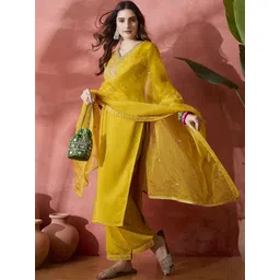 Sangria Women Floral Embroidered Regular Sequinned Kurta with Trousers & With Dupatta-picture-28