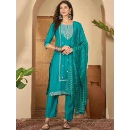 Sangria Women Floral Embroidered Regular Thread Work Kurta with Trousers & With Dupatta-picture-34