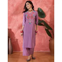 Sangria Women Floral Embroidered Straight Kurta With Trouser-picture-36