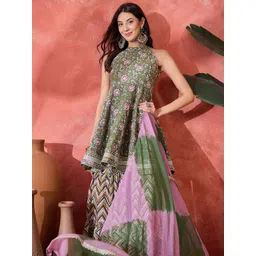 Sangria Women Floral Printed Cotton Anarkali Kurta with Sharara & Dupatta-picture-38