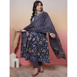 Sangria Women Floral Printed Cotton Anarkali Kurta with Trousers & Dupatta-picture-16