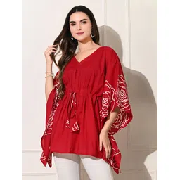 Sangria Women Floral Printed Cotton Kimono Sleeves Waist Tie-Ups Kaftan Top-picture-38