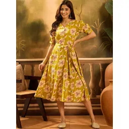 Sangria Women Floral Printed Pure Cotton A-Line Midi Dress-picture-21