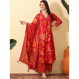 Sangria Women Floral Printed Regular Beads and Stones Chanderi Cotton Kurta with Palazzos & With Dupatta-picture-35
