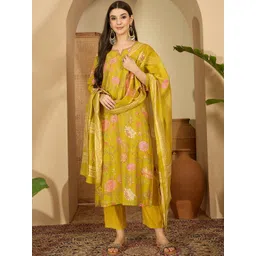 Sangria Women Floral Printed Regular Beads and Stones Kurta with Trousers & Dupatta-image-40