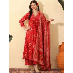 Sangria Women Floral Printed Regular Chanderi Cotton Kurta with Palazzos & With Dupatta-image-31